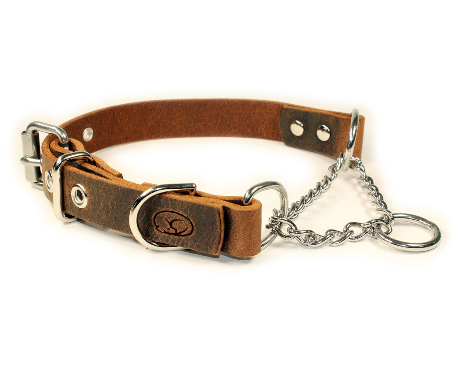 Sleepy Pup Adjustable Leather Martingale Chain, Limited Slip, Half-Check Chain, Training Dog Collar Medium 14-18, Dark Brown